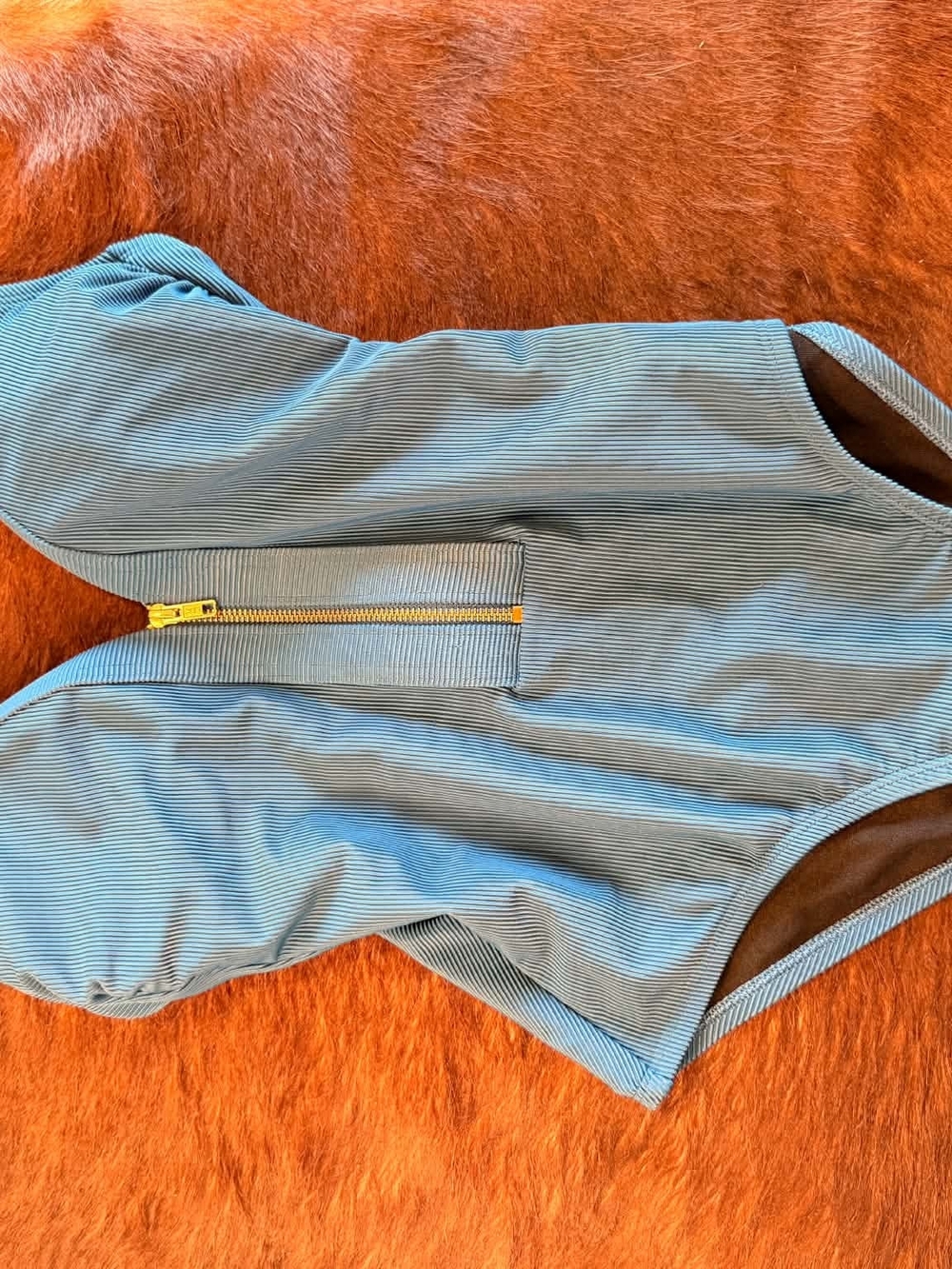 Kona Sol Light Blue Striped One-Piece Swimsuit with Yellow Zipper
